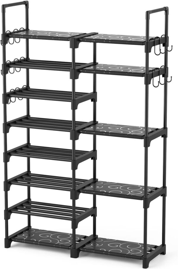 Shoe Rack Organizer, 8-Tier Metal Shoe Rack for Closet Entryway Garage, 26-32 Pairs Tall Shoe Boot Storage Shelf with 15 Hooks, Stackable Large Shoe Stand 1