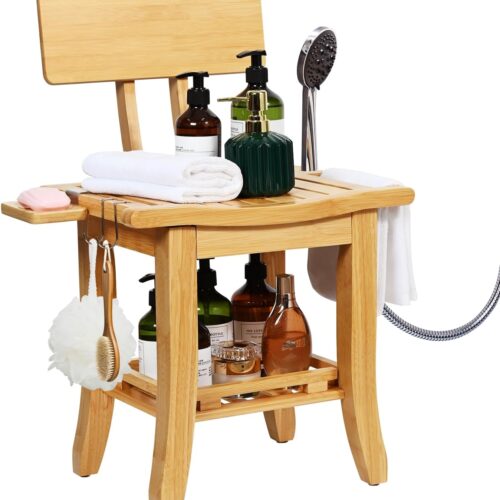 Two-Tier Bamboo Shower Chair for Inside Shower, Waterproof Baby Bath Seat with Storage Shelf, Soap Dish and Shower Head Holder, Shower Stool for Seniors Adults Disabled Pregnant(Natual)