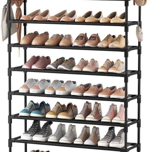 10 Tier Shoe Rack Tall Large Capacity 50 Pair Wide Shoe Organizer with Two Hooks Sturdy Metal Shoe Shelf for Entryway, Closet, Bedroom