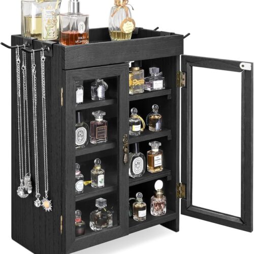 Small Wooden Countertop Storage Cabinet with Adjustable Shelves and Removable Hooks, Perfect for Perfume, Pantry, Essential Oil, 10.4W x 6.1D x 14.4H in, Black