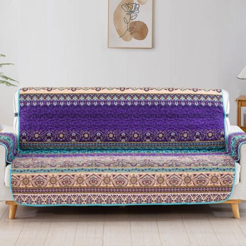 Boho Sofa Cover, Purple Stripe Slipcover Couch Cover with Non Slip and Elastic Straps Bohemian Microfiber Washable Furniture Protector for Kids Dogs, 3 Seater (Sitting Area 66 inch)