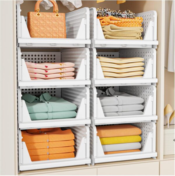 5 Pack Stackable Closet Storage Basket, Multifunctional & Foldable Closet Organizer for Bathroom Kitchen Laundry Room Wardrobe Storage, Space-Saving Clothes Storage Drawer Organizer, White 1