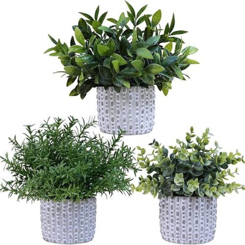 3 Pcs Artificial Potted Plants - Faux Eucalyptus, Boxwood, Rosemary, Greenery in Small Concrete Pots -Desk, Table, Shelf, Windowsill Decor for Indoor Outdoor Home Office