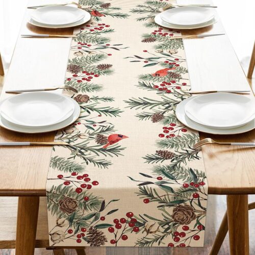Winter Pine Needle Branches Table Runner, Pine Cone Cardinal Red Birds Berry Farmhouse Kitchen Dining Table Decor, Christmas Holiday Home Decoration Indoor Outdoor Party Supply 13 x 72 Inches