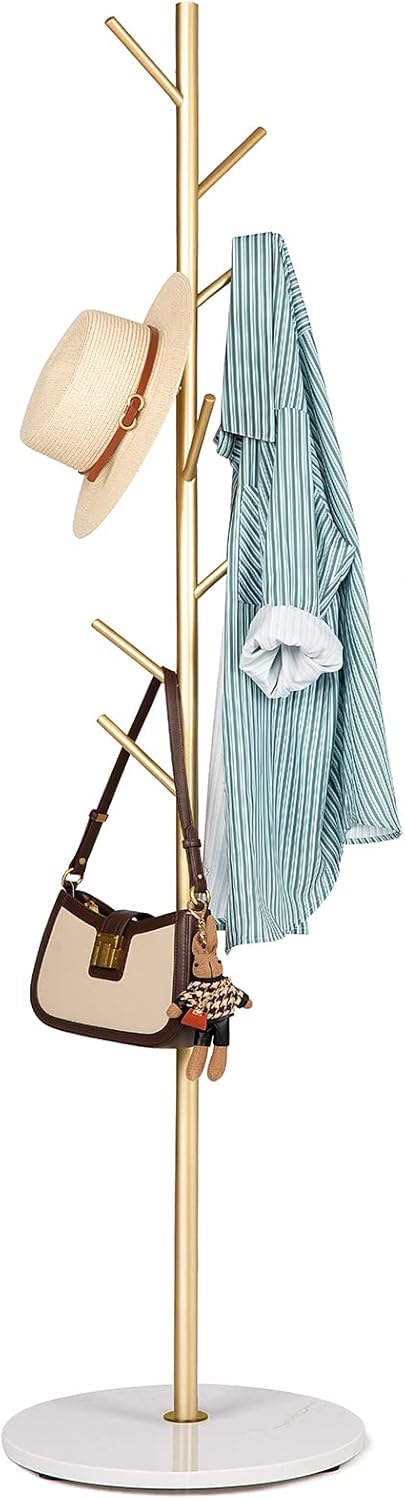 Metal Coat Rack Freestanding, Golden Coat Racks with Heavy Duty Natural Marble Base, Modern Stable Coat Tree Stand with 8 Hooks, Coat Tree Hanger Stand for Bags, Hats, Entryway, Office 1