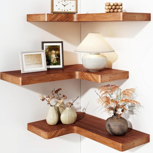 Corner Floating Shelves for Wall Mounted Natural Solid Wood 16"x11.4" Farmhouse Home Decor Display Shelving Set of 3 (Rustic Brown)