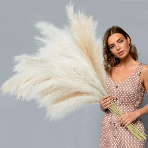 8 Pcs Faux Pampas Grass Decor 38''/97cm Tall Artificial Large Pompous Pompas Floral Fluffy Fake Plants Floor Vase Filler for Wedding Kitchen Home Boho Decorations, Mixed Beige