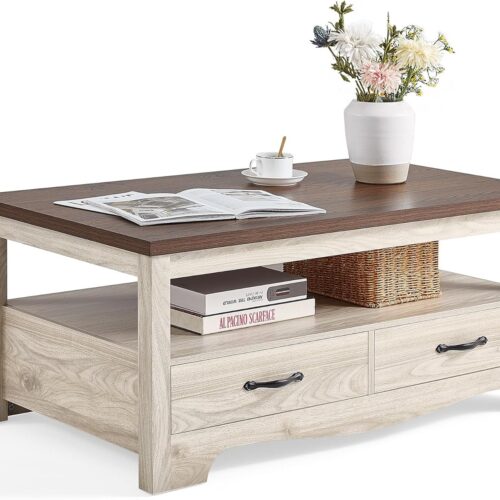 Farmhouse Coffee Table with Storage, Wood Coffee Table for Living Room, Open Display Area and Storage Drawers with Metal Handles, Chic Style with Curved Base. Oak and Brown