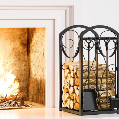Firewood Rack Indoor Wood Holders Fireplace Tool Rack Outdoor Log Holder Rack Lumber Storage Stacking Fireplace Tools Set Wood Stove Accessories Black