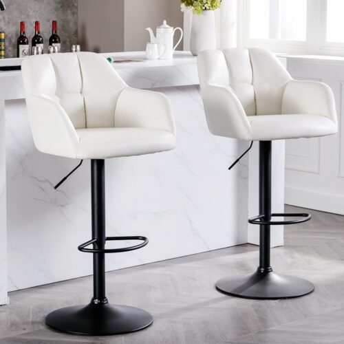 Modern Counter Height PU Leather Bar Stools Set of 2, Barrel Swivel Counter Stools with Backs and Arms Upholstered Bar Height Chairs with Metal Base, Adjustable Barstools for Kitchen Island, Beige