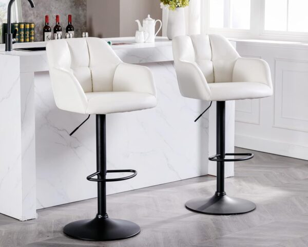 Modern Counter Height PU Leather Bar Stools Set of 2, Barrel Swivel Counter Stools with Backs and Arms Upholstered Bar Height Chairs with Metal Base, Adjustable Barstools for Kitchen Island, Beige 1