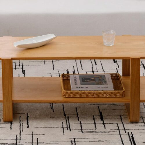 2-Tier Long Coffee Table, Modern Mid Century Rubber Wooden Sofa Side Coffee Table for Living Room, Natural Wood Rectangular Center Table with Storage Shelf and Open Tabletop, 1PC