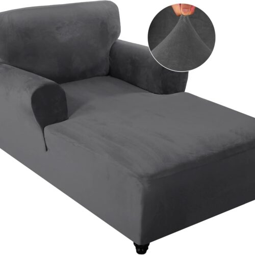 Velvet Chaise Lounge Cover Stretch Double Arm Chair Slipcover for Living Room Bedroom Soft Plush Fabric Machine Washable, Grey