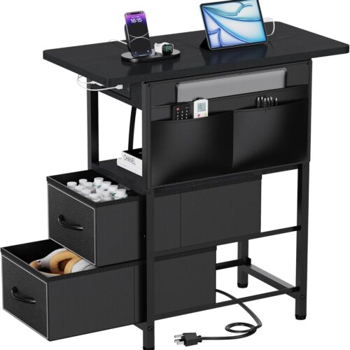 Small Side Table with Charging Station, Narrow Nightstand Bedside Tables with Storage Pocket for Living Room Bedroom