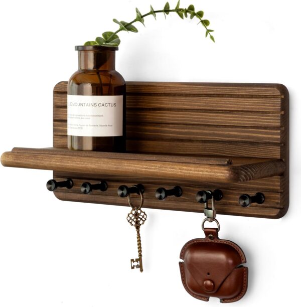 Farmhouse Key Holder Wall Mount for Home Decor – Decorative Pine Wooden Key Holder for Wall with 6 Hooks & Floating Shelf - Rustic Charm for Room Decor Aesthetic (Brown) 1