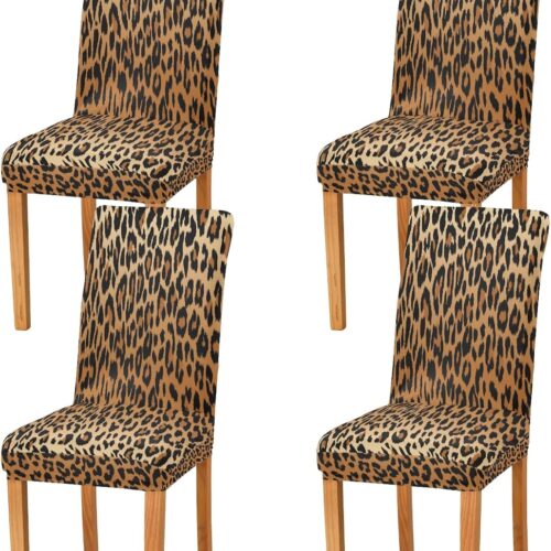 Fashion Leopard Print Chair Covers for Dining Room Stretch Dining Chair Cover Set of 4 Washable Kitchen Chair Slipcovers Removable Seat Protector for Kitchen Hotel Dinning Room