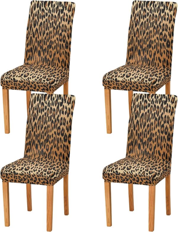 Fashion Leopard Print Chair Covers for Dining Room Stretch Dining Chair Cover Set of 4 Washable Kitchen Chair Slipcovers Removable Seat Protector for Kitchen Hotel Dinning Room 1