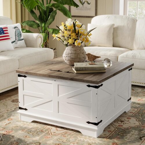 Heavy-Duty Coffee Table with Storage, Square Wood Center Table Set for Living Room with Pull Up Large Hidden Storage Compartment, Maple White