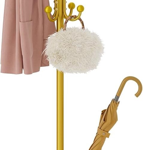 Coat Rack Freestanding,Coat Rack Stand with Umbrella Holder,Metal Coat Tree with 12 Hooks, Gold