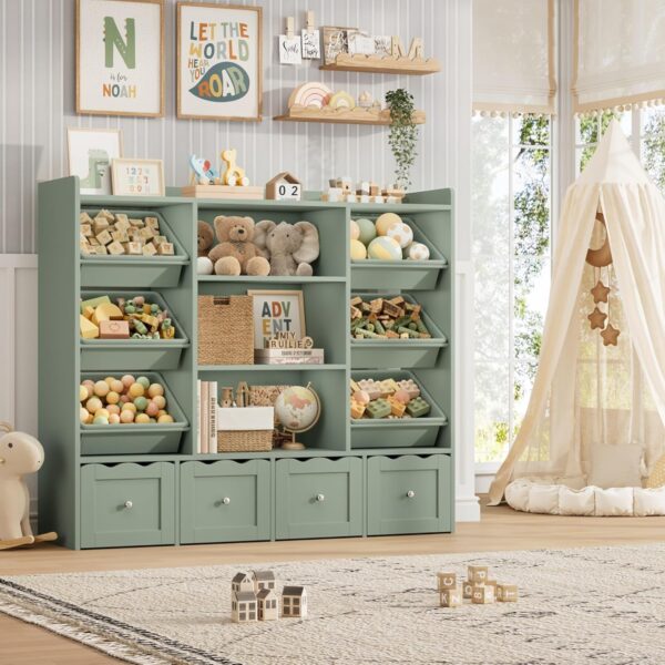 55" W Kids Toy Storage Organizer, Large Toy Box with Bookshelf, Toy Chest with 3 Cubes Storage Organizer, 6 Toy Organizers and Storage Bins, 4 Rolling Drawers for Kids Room, Playroom, Green 1