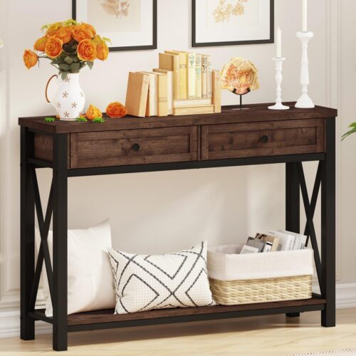 Console Table with 2 Drawers, Entryway Tables with Storage, Sofa Table Behind Couch for Living Room, Farmhouse Entry Tables for Hallway, Foyer, Front Door (Rustic Oak, 47 Inch)
