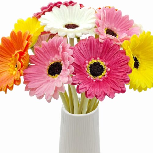 15 Pcs Artificial Gerbera Daisies Flowers Fake Daisy Real Touch PU Faux Flowers Bouquet, (Mixcolor)