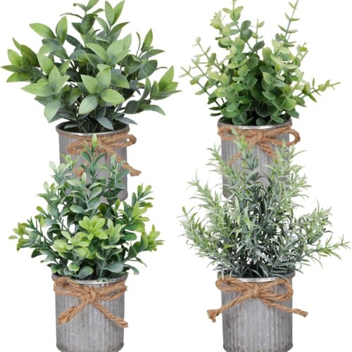 Small Artificial Plants Set of 4 Fake Potted Plant with Iron Pot Mini Greenery Decor for Indoor Home Porch Garden Bathroom Décor