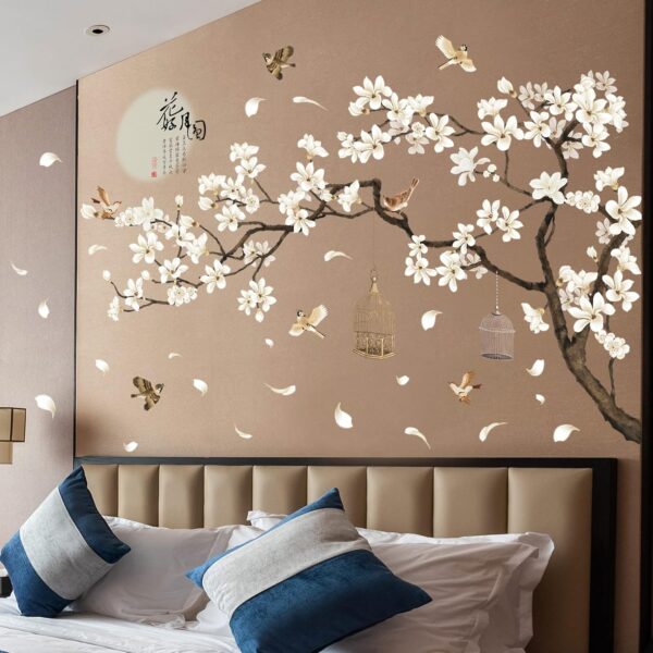 Chinese Style White Flowers Black Tree and Flying Birds Wall Stickers Removable DIY Wall Art Decor Decals Murals for Offices Home Walls Bedroom Study Room Wall Decaoration, 50inchx74inch 1