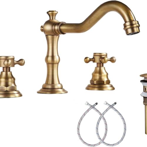 8 inch 2 Handles 3 Holes Widespread Bathroom Sink Faucet Antique Brass Bathroom Vanity Faucet Basin Mixer Tap Faucet Matching Metal Pop Up Drain with Overflow