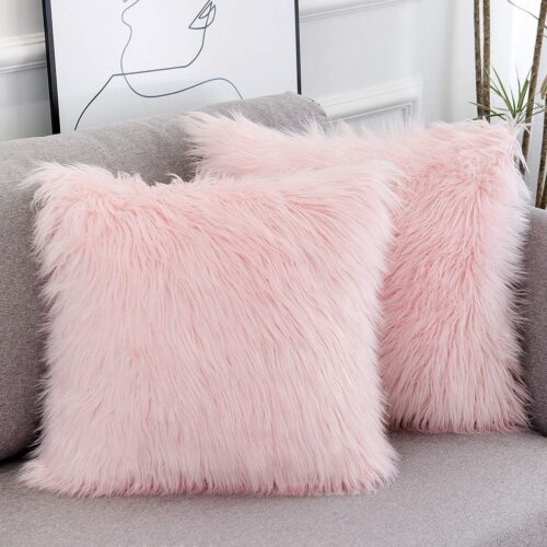 Set of 2 Valentines Day Pink Fluffy Pillow Covers New Luxury Series Merino Style Blush Faux Fur Decorative Throw Pillow Covers Square Fuzzy Cushion Case 18x18 Inch