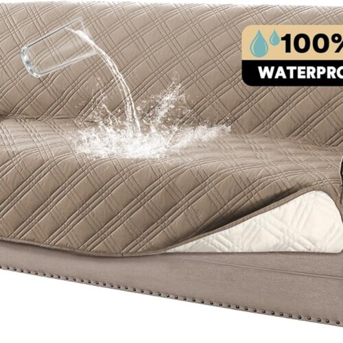 100% Waterproof Couch Cover for 3 Cushion Couch Sofa Pet Friendly Non-Slip Couch Cover for Dogs Washable Water Resistant Furniture Protector with Elastic Straps(Sofa 68", Taupe)