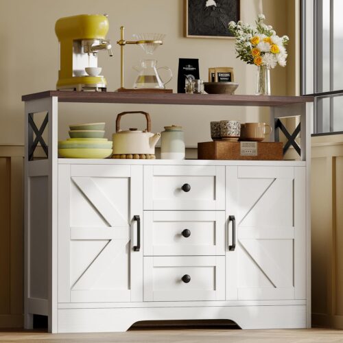Buffet Cabinet Sideboard Farmhouse Coffee Bar with 3 Drawers and 2 Doors, Wood Kitchen Table Wine Bar Storage Cabinet for Dining Room