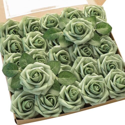 Artificial Flowers 25pcs Real Looking Elf Green Foam Fake Roses with Stems for DIY Wedding Bouquets Bridal Shower Centerpieces Sage Green Floral Arrangements Home Decorations