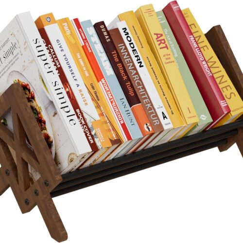 Desktop Bookshelf Organizer, Wood Office Tabletop Book Storage Rack, Tilting Bookcase for Books/CDs/Magazine Display (Black)