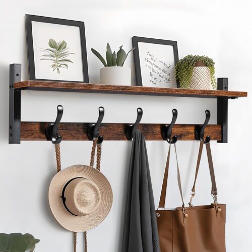 29" Rustic Coat Rack Wall Mount with Shelf, Entryway Wall Hooks with Shelf, Coat Hangers for Bathroom, Living Room, Bedroom, Rustic Black