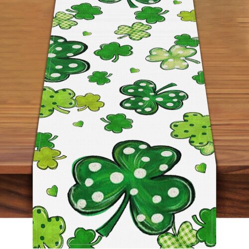 72 x 13 Inch St. Patrick's Day Table Runner Decorations, Linen Green Shamrock and Polka Dot Clover Pattern Table Runner for Irish Celebration, Home, Mantel, Dining Decor, Spring Party Supplies