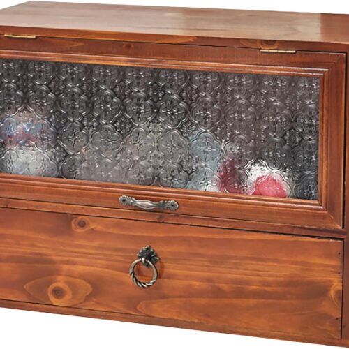 Glass Vintage Tabletop Organizer - Wooden Storage Drawer Box w/ Decorative Glass Front-Opening Compartment - 2-Tier Storage 1-Drawer Cabinet for Desk - Organizing Unit for Kitchen Counter