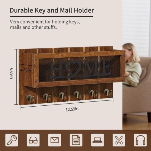 Key and Mail Holder for Wall, Mail Organizer Wall Mounted with 6 Hooks, Decorative Key Holder Wall Mount, Key Organizer Rack Hooks Key Hanger for Entryway Doorway Hallway Home Decor