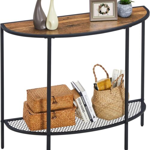 Entryway Table 2 Tier Small Console Table with Storage Half Moon Sofa Couch Table Mid Century Modern Narrow Entry Way Tables, 36.22" D x 11.8" W x 31.5" H, Easy Assembly, Dark Walnut