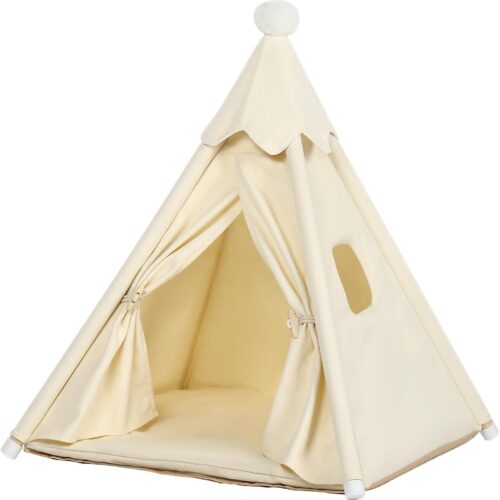 Standard Cat & Mini Dog Teepee Tent House (Int 20x20x20in/Ext 22x22x25in) for Standard Chihuahua, Shih Tzu, Tiny Pomeranian, Tiny Bichon Frise, Mini Poodle, Cotton Canvas & Stable Frame