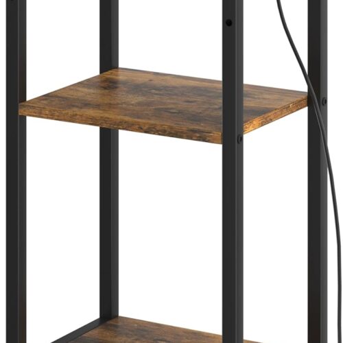 Tall End Table with Charging Station, 3 Tier Narrow Tall Nightstand with Storage, Slim Side Table with USB Ports and Outlets for Bedroom, Living Room, Office, Rustic Brown and Black