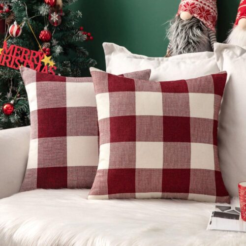 Pack of 2 Christmas Classic Farmhouse Buffalo Check Plaids Linen Soft Soild Decorative Square Porch Throw Pillow Covers Home Decor Cushion Case for Sofa Bedroom 18x18 Inch, White and Red
