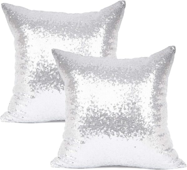 Pack of 2, New Luxury Series Silver Decorative Glitzy Sequin & Comfy Satin Solid Throw Pillow Cover Cushion Case for Wedding/Christmas,18" x 18" 1