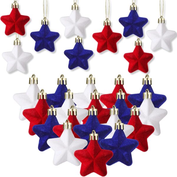 36 Pcs Christmas Velvet Star Ornaments 1.18 Inch Mini Red White Blue Star Shaped Holiday Hanging Ornaments for Xmas Tree Decoration Holiday Party Supplies 1