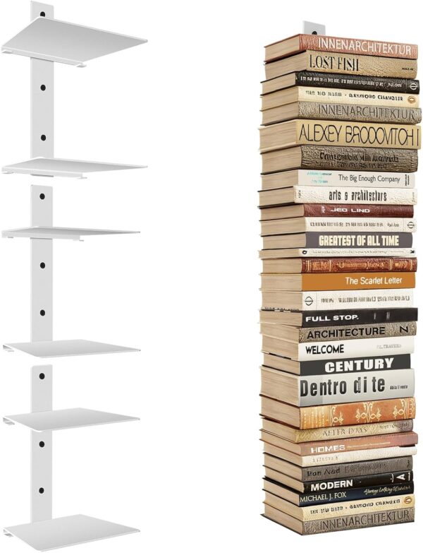 Professional Invisible Floating Book Shelves for Wall, 6 Tier Vertical Spine Book Tower Hanging Bookshelves, Wall Mounted & Space Saving, Heavy Duty Metal Book Organizer for Home Office, 3 Pack White 1