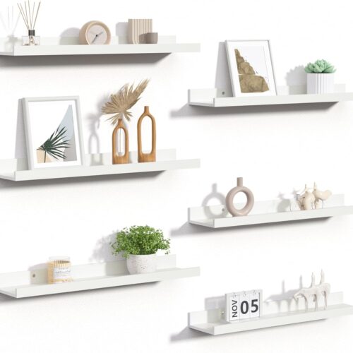 Floating Shelves for Wall, 23.6 Inch Shelves for Decor Storage Set of 6, Wall Mounted Wood Shelf for Bedroom, Living Room, Bathroom, Kitchen, Long Picture Ledge Shelves, White
