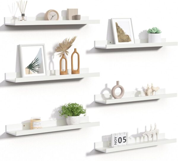 Floating Shelves for Wall, 23.6 Inch Shelves for Decor Storage Set of 6, Wall Mounted Wood Shelf for Bedroom, Living Room, Bathroom, Kitchen, Long Picture Ledge Shelves, White 1