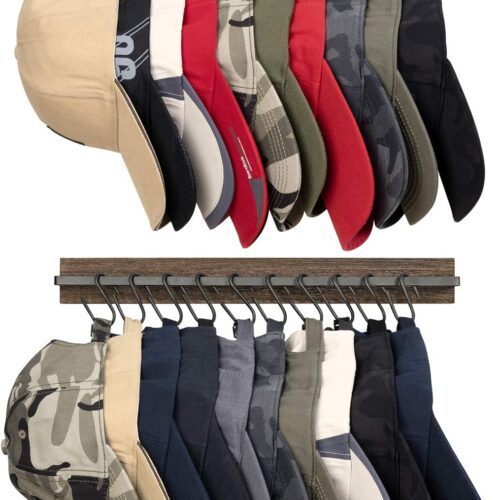 Hat Rack for Wall Wooden Baseball Caps Organizer with 20 Hooks Rustic Cowboy Hanger Mounted Hats Display Closet Bedroom Entryway, Set of 2, Brown