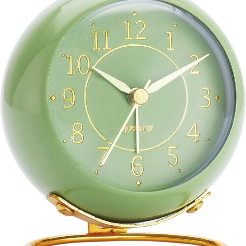 Metal Desk Clock, Retro Bedroom Table Vintage Analog Alarm Clock, Silent Non-Ticking Gold Clock, Bedside Décor(Olive-Green)