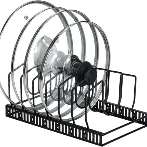 Pot Lids Organizer Rack for Cabinet and Countertop, 7+ Pan Lids and Bakeware Organizer Rack Holder with 7 Adjustable Compartments - Black